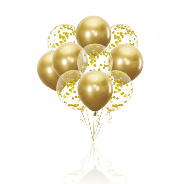 Balony GOLD CHROME z konfetti – zestaw 10 szt. (lateksowe 30 cm)