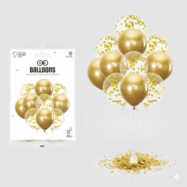 Balony GOLD CHROME z konfetti – zestaw 10 szt. (lateksowe 30 cm)