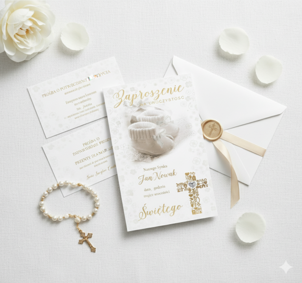 okazałość Zaproszenia na Chrzest Święty BABY ANGEL – motyw bucików, 5 szt. | Złocone zaproszenia