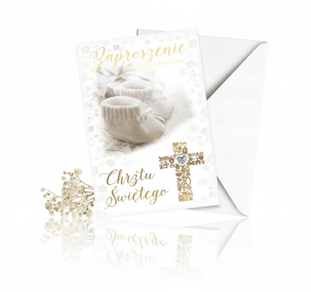 Zaproszenia na Chrzest Święty BABY ANGEL – motyw bucików, 5 szt. | Złocone zaproszenia