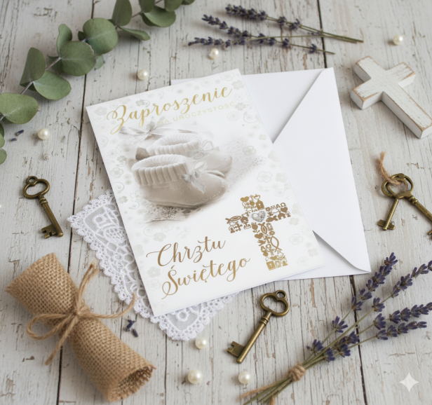 Zaproszenia na Chrzest Święty BABY ANGEL – motyw bucików, 5 szt. | Złocone zaproszenia w aranżacji