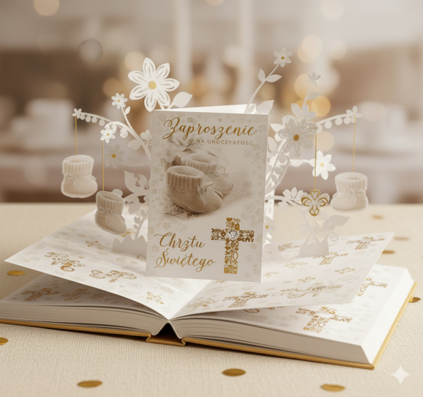 Zaproszenia na Chrzest Święty BABY ANGEL – motyw bucików, 5 szt. | Złocone zaproszenia aranżacja