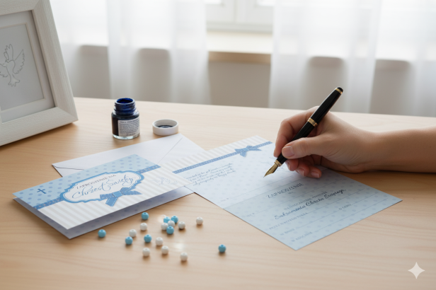 Zaproszenia na Chrzest Święty BABY BLUE – 5 szt. | Eleganckie zaproszenia dla chłopca