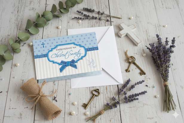 Zaproszenia na Chrzest Święty BABY BLUE – 5 szt. | Eleganckie zaproszenia dla chłopca