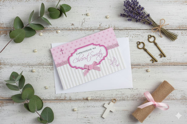 Zaproszenia na Chrzest Święty BABY PINK – 5 szt. | Eleganckie zaproszenia dla dziewczynki