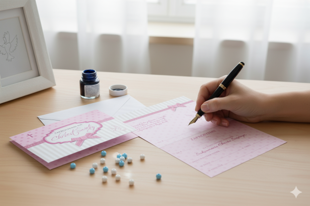 Zaproszenia na Chrzest Święty BABY PINK – 5 szt. | Eleganckie zaproszenia dla dziewczynki