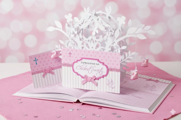 Zaproszenia na Chrzest Święty BABY PINK – 5 szt. | Eleganckie zaproszenia dla dziewczynki