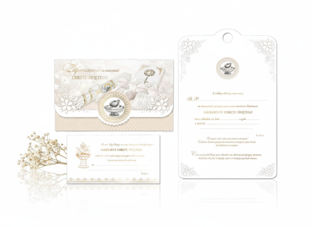 Zaproszenia na Chrzest Święty – Chrzcielnica, złocone, 5 szt. | Eleganckie zaproszenia