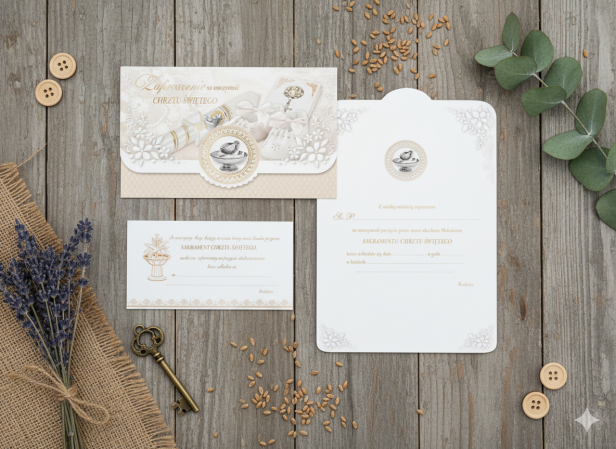 Zaproszenia na Chrzest Święty – Chrzcielnica, złocone, 5 szt. | Eleganckie zaproszenia