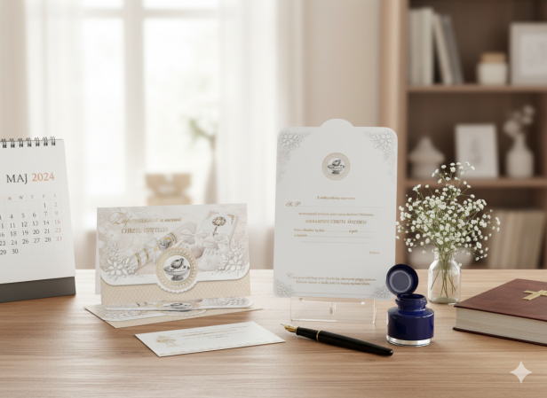 Zaproszenia na Chrzest Święty – Chrzcielnica, złocone, 5 szt. | Eleganckie zaproszenia