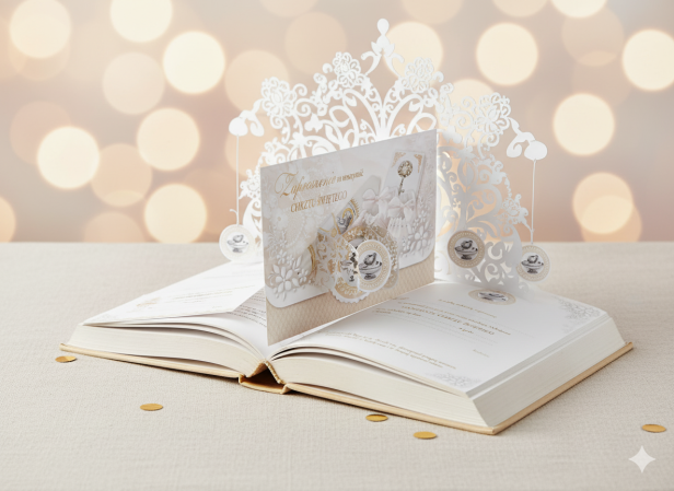 Zaproszenia na Chrzest Święty – Chrzcielnica, złocone, 5 szt. | Eleganckie zaproszenia