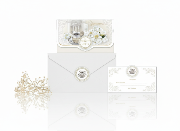 Zaproszenia na Chrzest Święty – motyw Chrzest, złocone, 5 szt. | Eleganckie zaproszenia