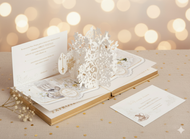 Zaproszenia na Chrzest Święty – motyw Chrzest, złocone, 5 szt. | Eleganckie zaproszenia