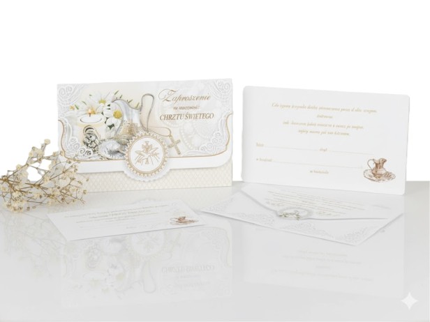 Zaproszenia na Chrzest Święty – motyw Duch Święty, złocone, 5 szt. | Eleganckie zaproszenia