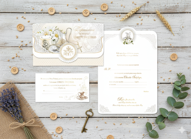 Zaproszenia na Chrzest Święty – motyw Duch Święty, złocone, 5 szt. | Eleganckie zaproszenia