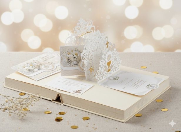 Zaproszenia na Chrzest Święty – motyw Duch Święty, złocone, 5 szt. | Eleganckie zaproszenia