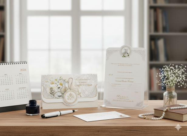 Zaproszenia na Chrzest Święty – motyw Duch Święty, złocone, 5 szt. | Eleganckie zaproszenia