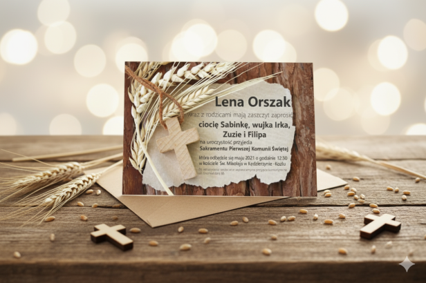 Drewniane Zaproszenie EKO ♻ Komunia Święta Rustykalne – personalizowane 15×21 cm