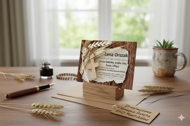 Drewniane Zaproszenie EKO ♻ Komunia Święta Rustykalne – personalizowane 15×21 cm