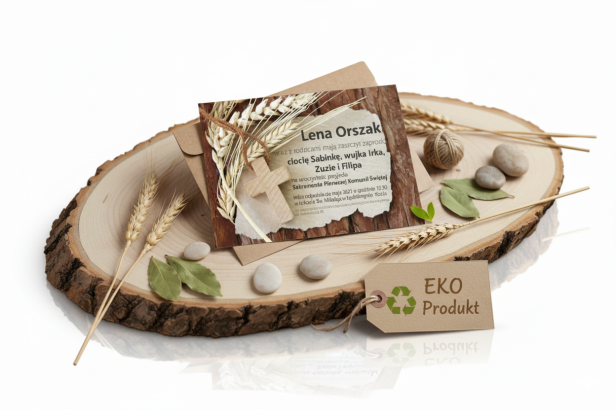 Drewniane Zaproszenie EKO ♻ Komunia Święta Rustykalne – personalizowane 15×21 cm