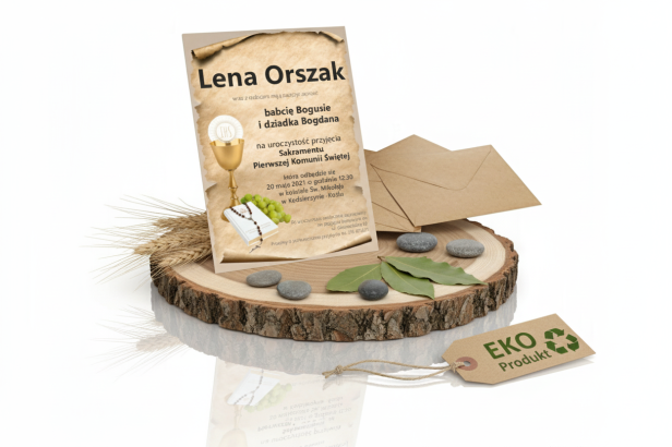 Drewniane Zaproszenie EKO ♻ Komunia Święta – model Eucharystyczny IHS, personalizowane 15×21 cm