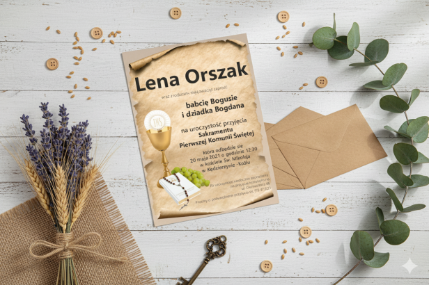 Drewniane Zaproszenie EKO ♻ Komunia Święta – model Eucharystyczny IHS, personalizowane 15×21 cm