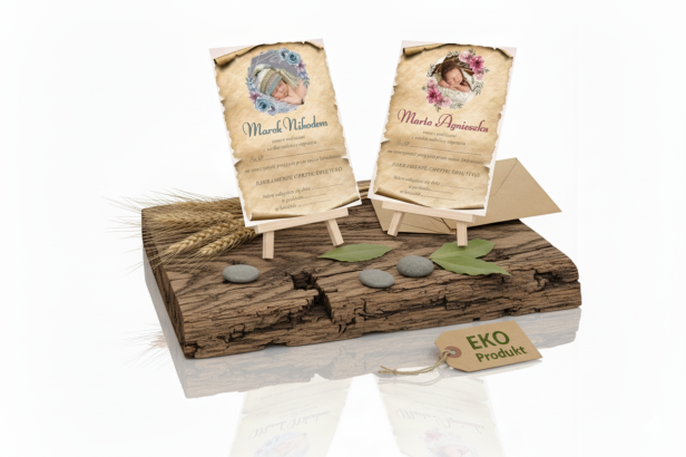Drewniane Zaproszenie EKO ♻ Chrzest Święty – personalizowane ze zdjęciem, motyw kwiatowy 15×21 cm