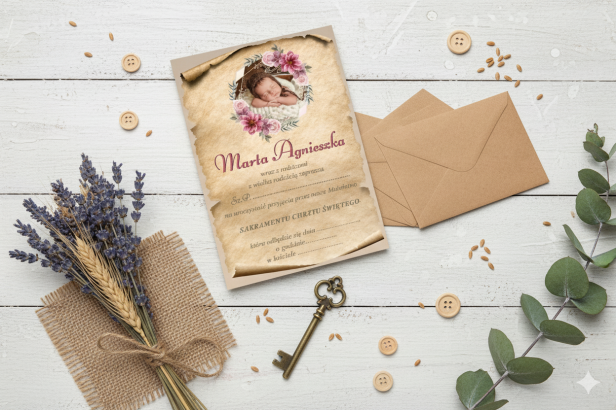 ROYAL PINK - Drewniane Zaproszenie EKO ♻ Chrzest Święty – personalizowane ze zdjęciem, motyw kwiatowy 15×21 cm