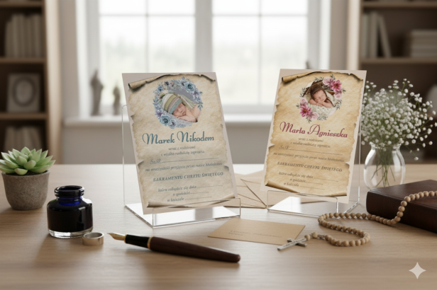 Drewniane Zaproszenie EKO ♻ Chrzest Święty – personalizowane ze zdjęciem, motyw kwiatowy 15×21 cm