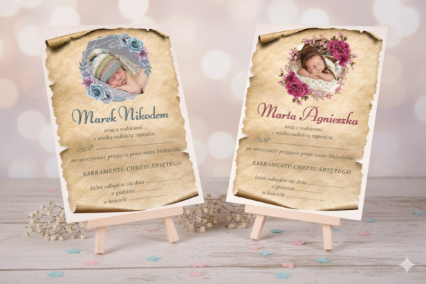 Drewniane Zaproszenie EKO ♻ Chrzest Święty – personalizowane ze zdjęciem, motyw kwiatowy 15×21 cm