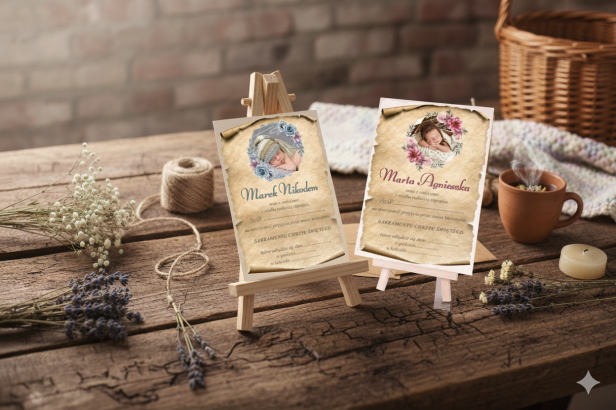 Drewniane Zaproszenie EKO ♻ Chrzest Święty – personalizowane ze zdjęciem, motyw kwiatowy 15×21 cm