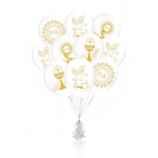 Balony komunijne „Symbolika IHS” – 10 szt. (lateksowe 30 cm)