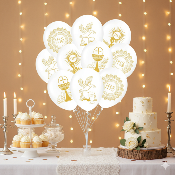 Balony komunijne „Symbolika IHS” – 10 szt. (lateksowe 30 cm)