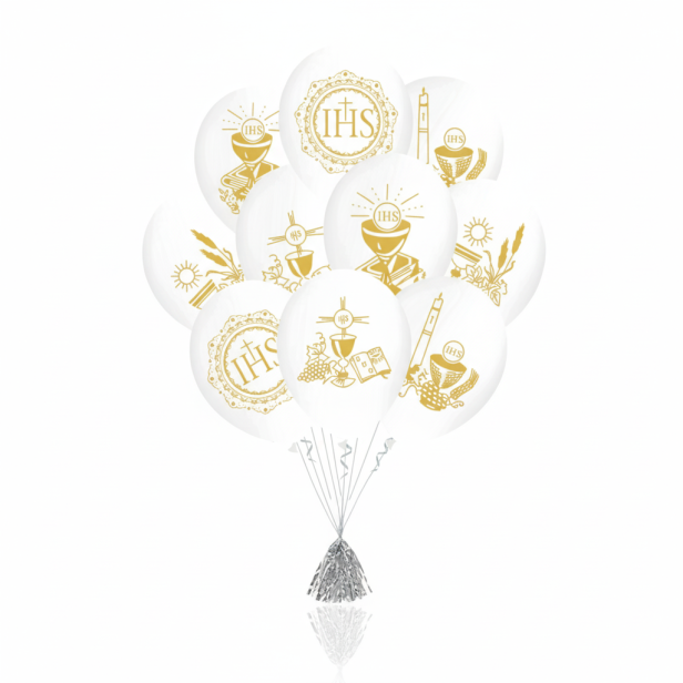 Balony komunijne „Kielich Eucharystyczny IHS” – 10 szt. (lateksowe 30 cm)
