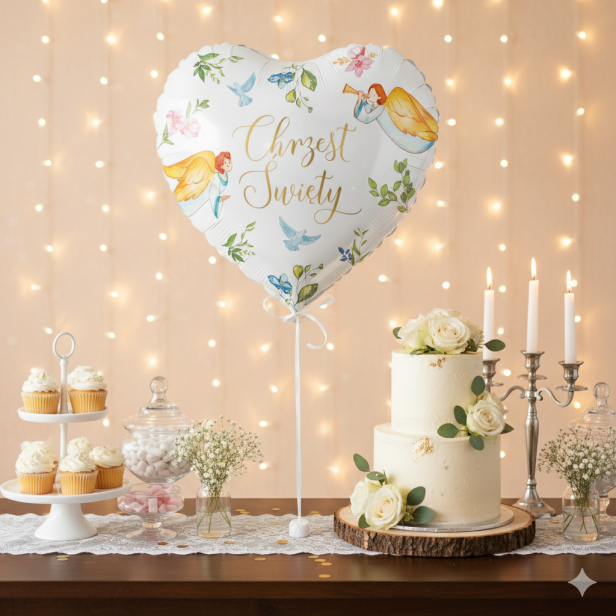 Balon foliowy „Chrzest Święty – Anioły” serce – 45 cm