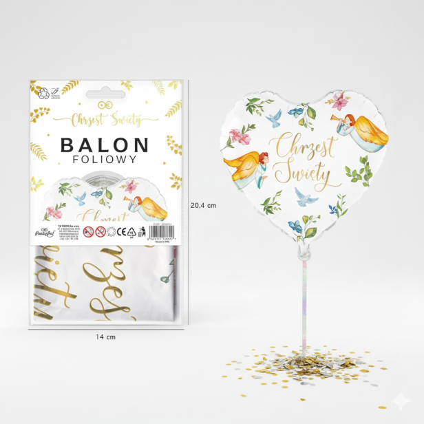 Balon foliowy „Chrzest Święty – Anioły” serce – 45 cm