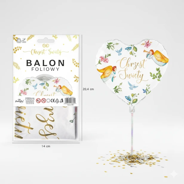 Balon na Chrzest Anioły – serce 45 cm i dekoracje