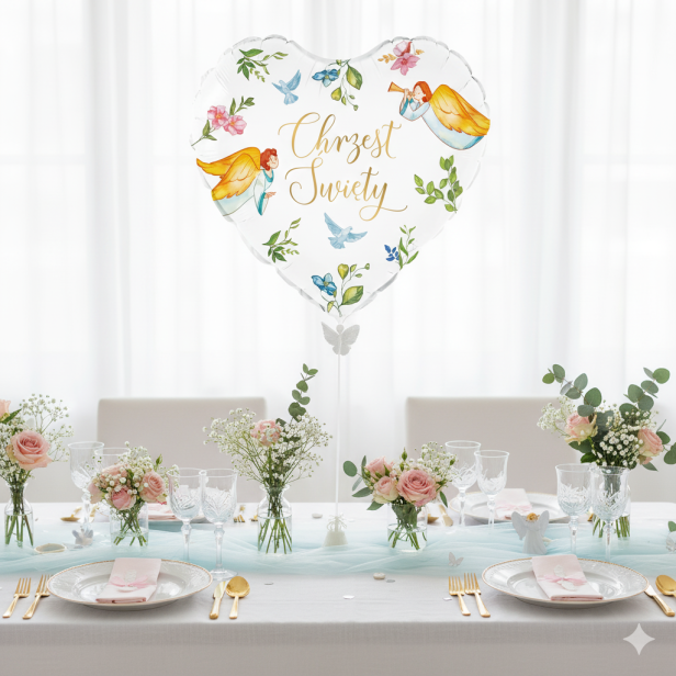 Balon foliowy „Chrzest Święty – Anioły” serce – 45 cm