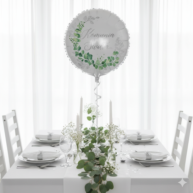 Balon foliowy „Komunia Święta Eukaliptus Srebrny” – 45 cm