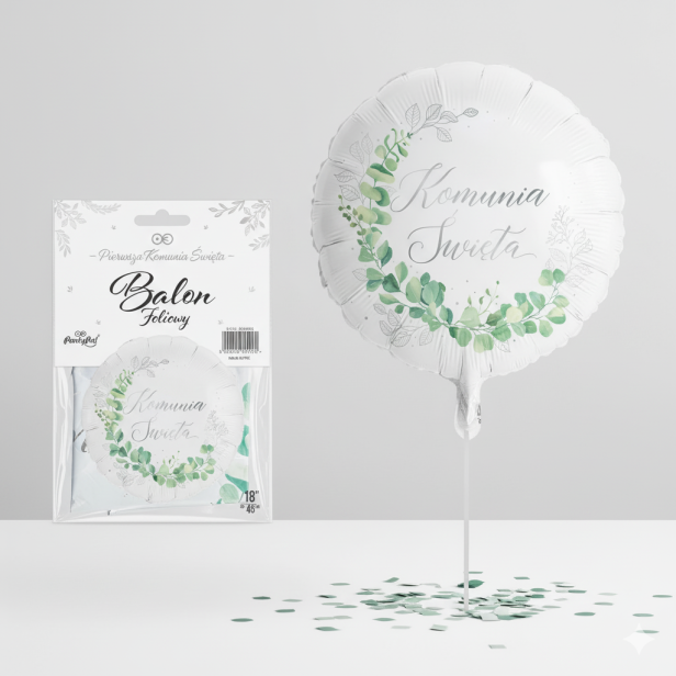 Balon foliowy „Komunia Święta Eukaliptus Srebrny” – 45 cm