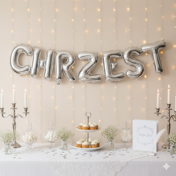 Balon foliowy napis „Chrzest Święty” – srebrny, 40 cm (girlanda literowa)