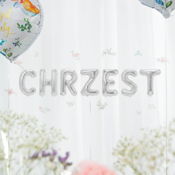 Balon foliowy napis „Chrzest Święty” – srebrny, 40 cm (girlanda literowa)