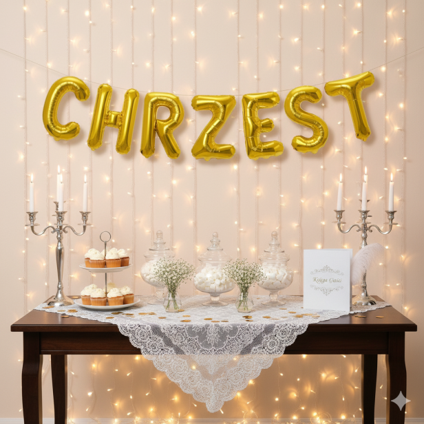 Balon foliowy napis „Chrzest Święty” – złoty, 40 cm (girlanda literowa)