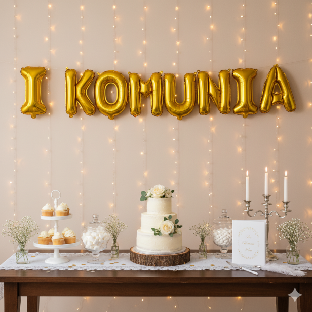 Balon foliowy napis „I Komunia” – złoty, 260×40 cm (girlanda literowa)