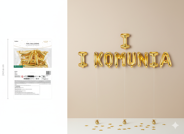 Balon foliowy napis „I Komunia” – złoty, 260×40 cm (girlanda literowa)