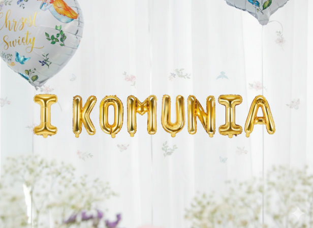 Balon foliowy napis „I Komunia” – złoty, 260×40 cm (girlanda literowa)