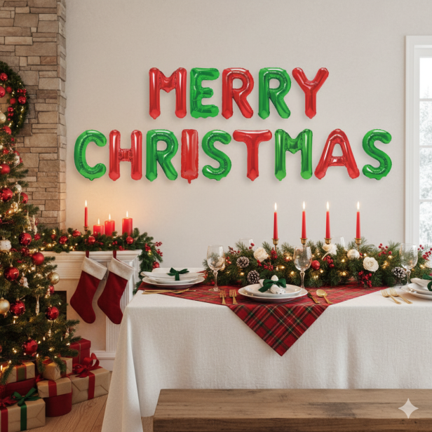 Balon foliowy napis „Merry Christmas” – czerwono-zielony, 40 cm (girlanda 14 liter)
