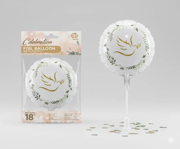 Balon foliowy „Gołąbek z zielonymi listkami” – okrągły, 45 cm