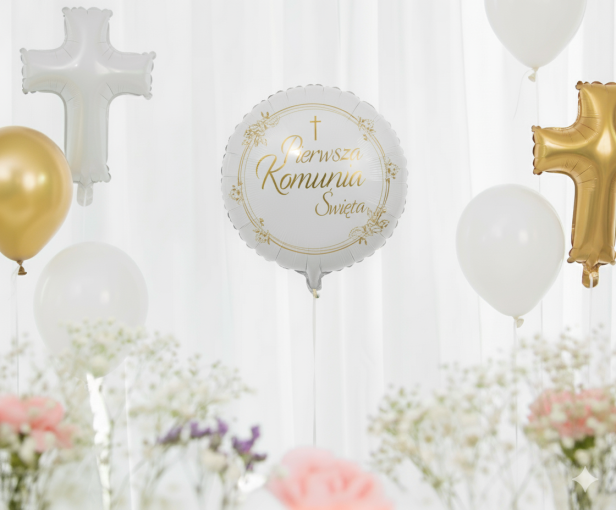 Balon foliowy Pierwsza Komunia Święta – „Kłosy” (okrągły 45 cm)