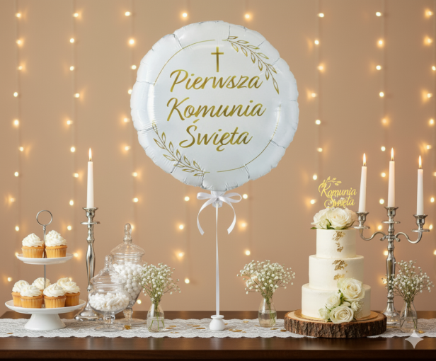 Balon foliowy Pierwsza Komunia Święta – „Kłosy” (okrągły 45 cm)